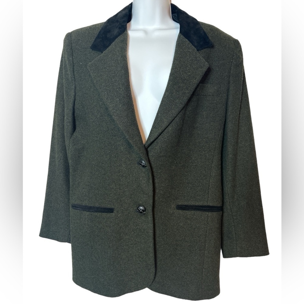 VTG Laura Jefferies Blazer Womens M Dark Green Wool Blend Suede Collar Heritage